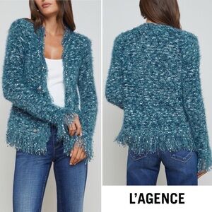 L’AGENCE Azure Fringe Knit Cardigan Blazer Teal Multi Medium EUC